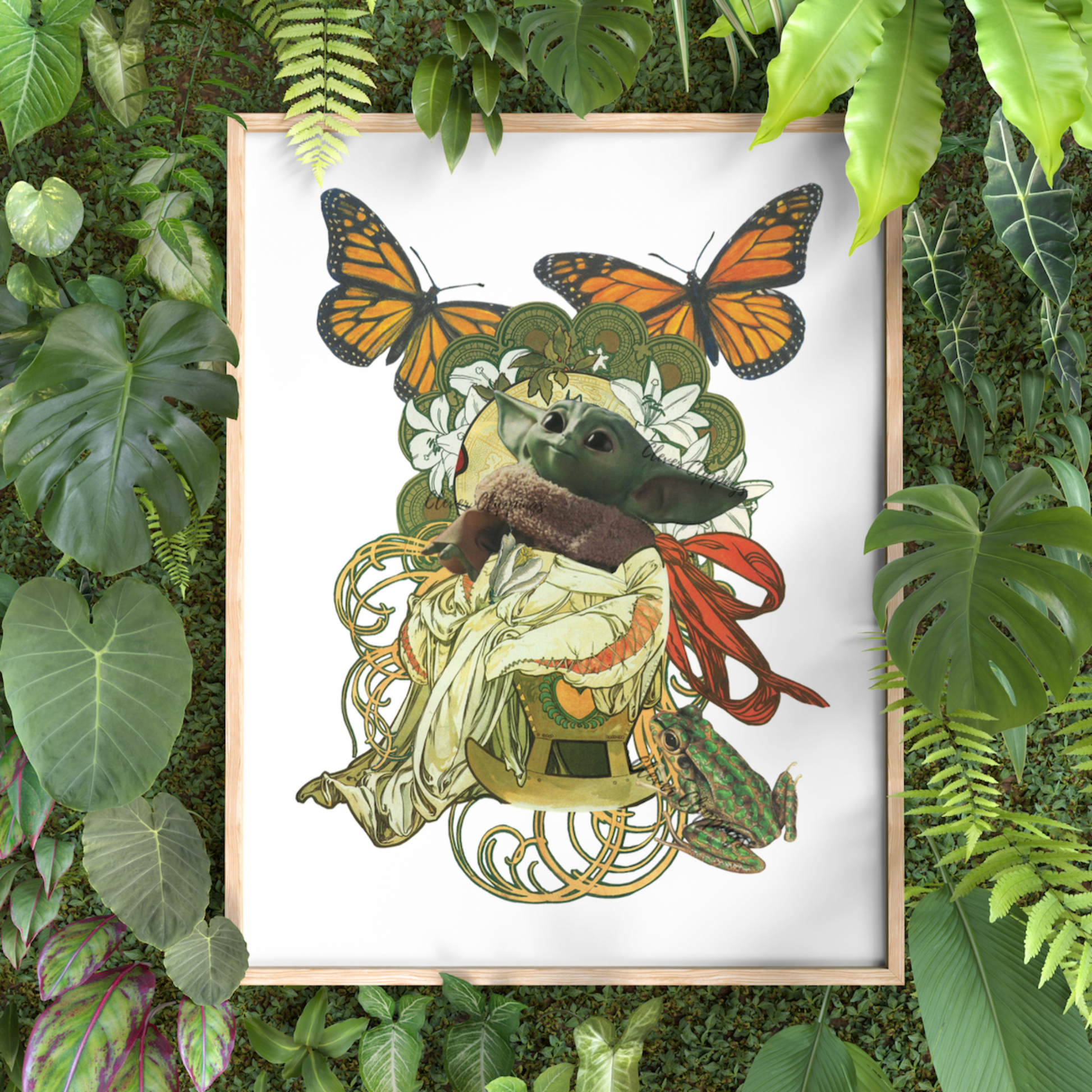Clever-Clippings-Floral-Art-Nouveau-Star-Wars-Art-Baby-Yoda-Art-Print-Grogu-Artwork-Nursery-Art